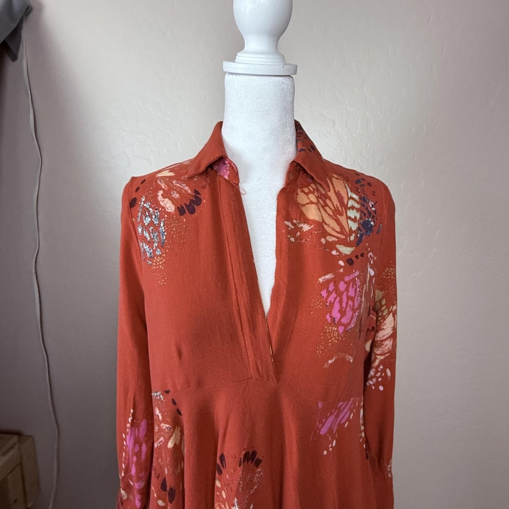 Free People Tunic Shirt Womens Small Red Floral Butterfly Boho Long Sleeve Rayon - Picture 3 of 16